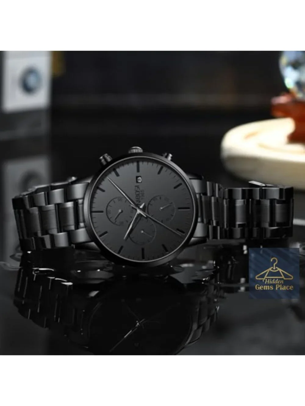 Minimalist Analog Chronograph Watch with Date, Stainless Steel